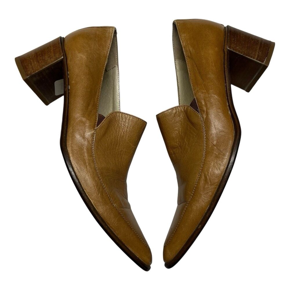 Vintage pointed Toe Loafer Heels Brown Leather Chunky Heel